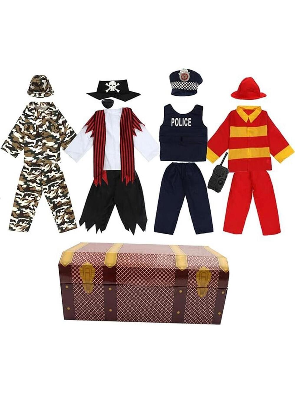 DeluxeK Boys Trunk Costume Set - Pirate, Police, Fireman, Camouflage 15 PCS